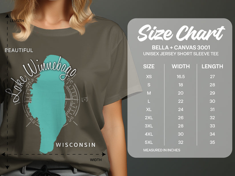 Lake Winnebago Wisconsin map graphic on t-shirt next to size chart.