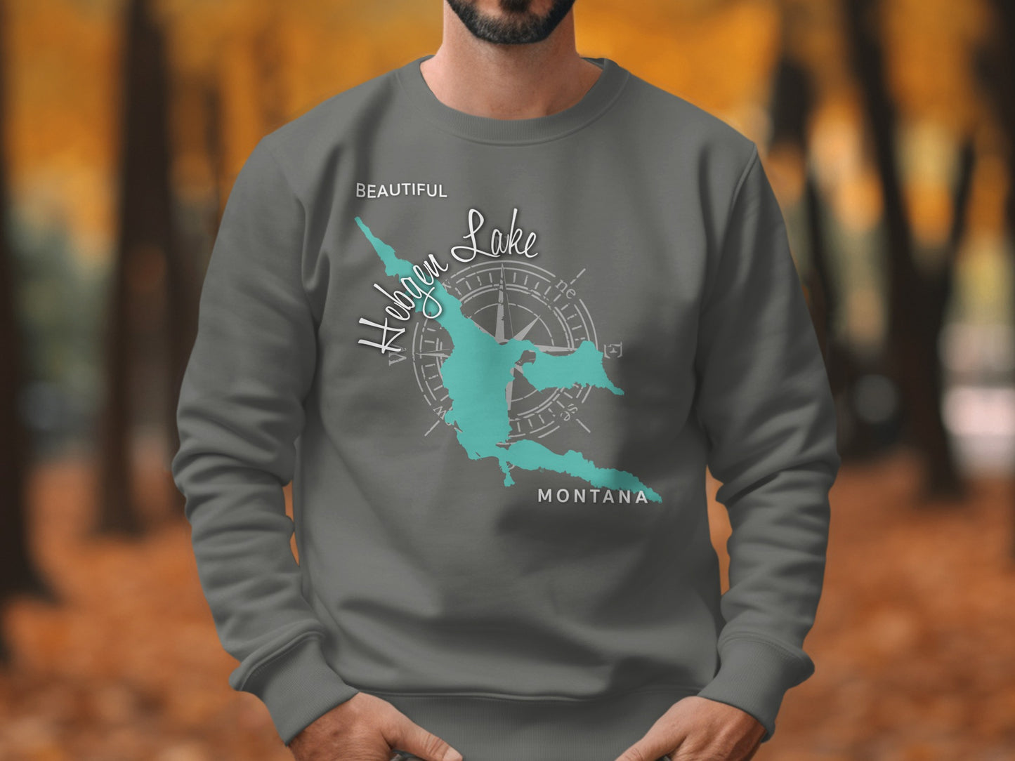 Sweatshirt featuring a turquoise map of Hebgen Lake, Montana, with a compass rose.