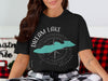 Black t-shirt with "Dream Lake Colorado" and turquoise lake outline over compass.