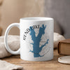 White mug with Rend Lake, Illinois map design and compass rose.