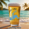Glass of beer with map of Caddo Lake, Texas, on beach background.