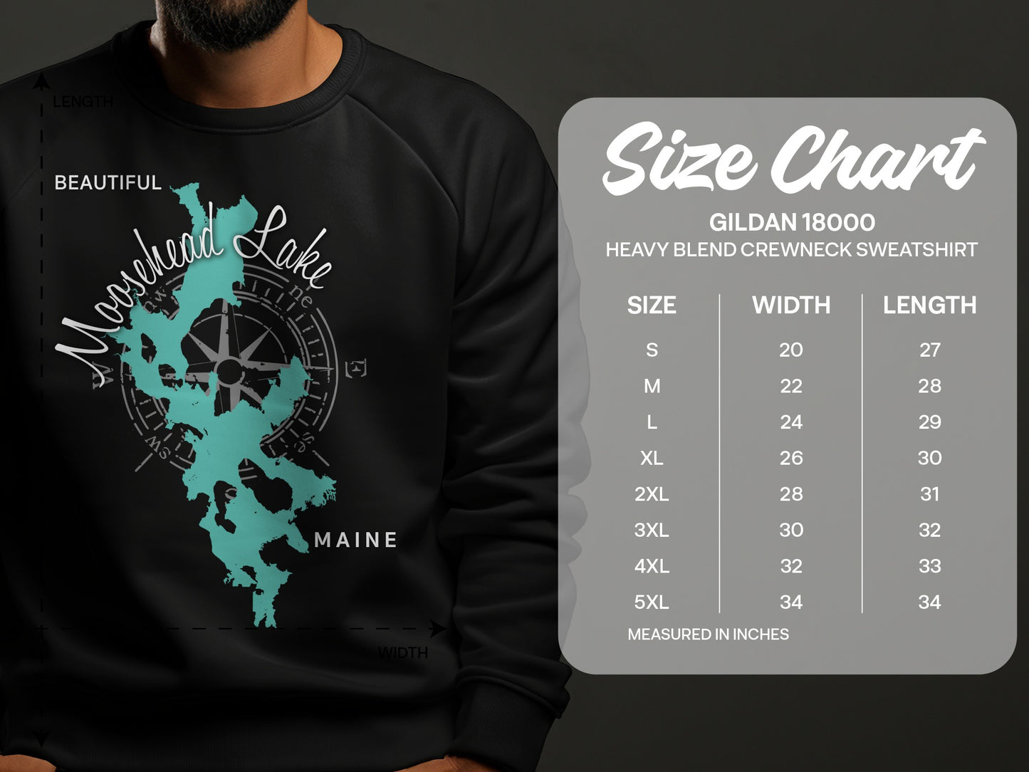 Moosehead Lake map graphic on black sweatshirt, with Gildan size chart.