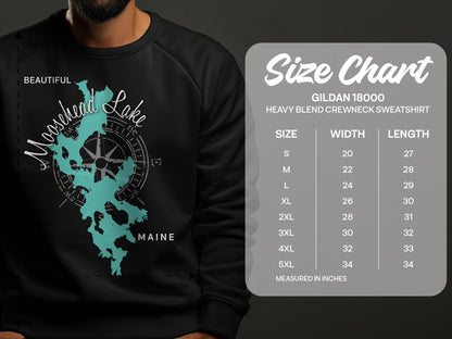 Moosehead Lake map graphic on black sweatshirt, with Gildan size chart.