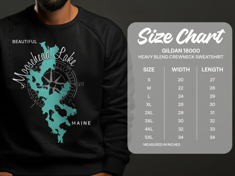 Moosehead Lake map graphic on black sweatshirt, with Gildan size chart.