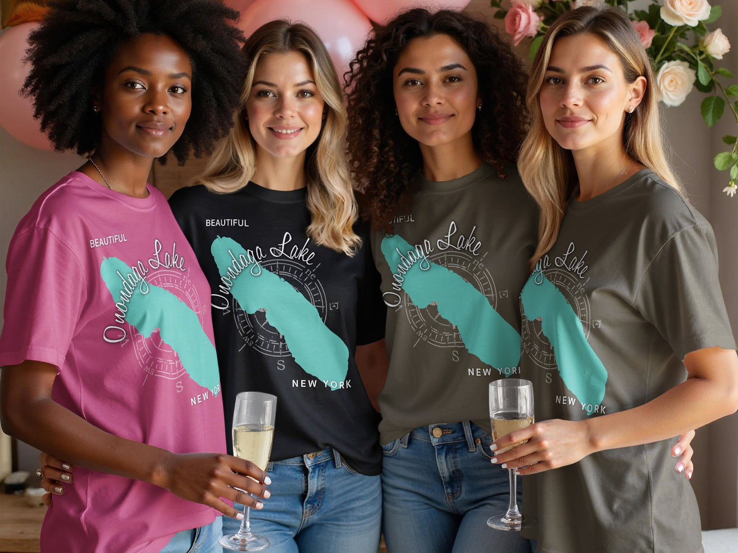 Four women wear t-shirts featuring Onondaga Lake map graphics.