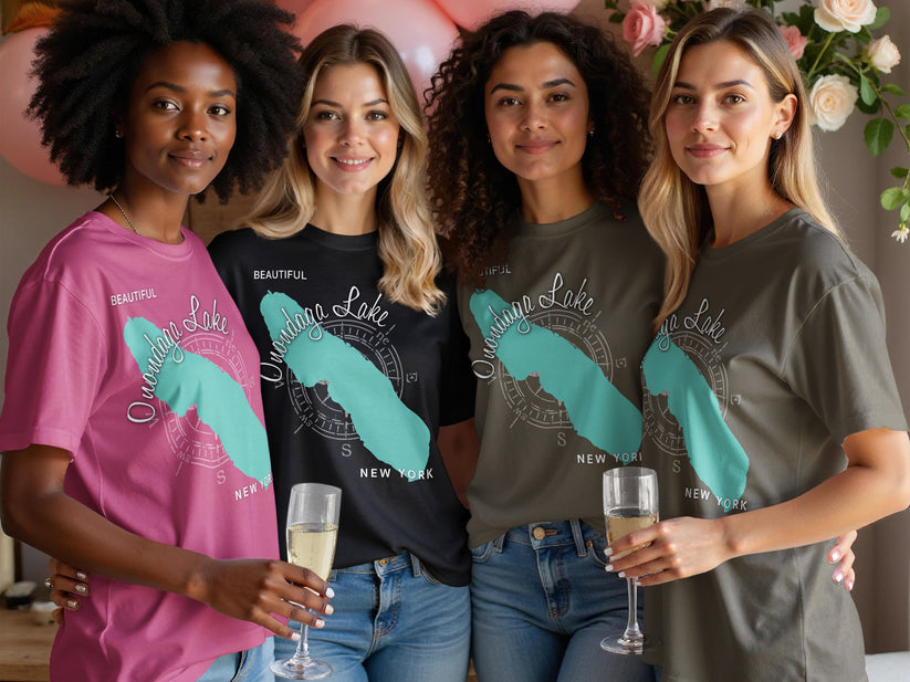 Four women wear t-shirts featuring Onondaga Lake map graphics.