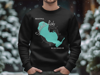 Black sweatshirt with "Sandhill Lake Wisconsin" map and compass graphic.