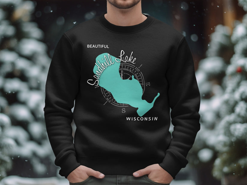 Black sweatshirt with "Sandhill Lake Wisconsin" map and compass graphic.