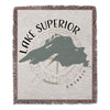 Woven blanket with Lake Superior map graphic and compass rose.