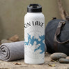 White water bottle with "ON LAKE" text and blue lake map on compass design.