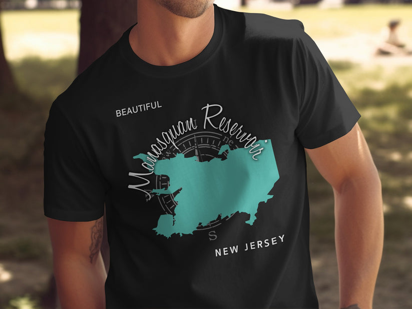 Black t-shirt featuring a teal map outline of Manasquan Reservoir, New Jersey.