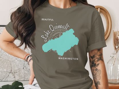T-shirt with Lake Quinault map and compass graphic, Washington.