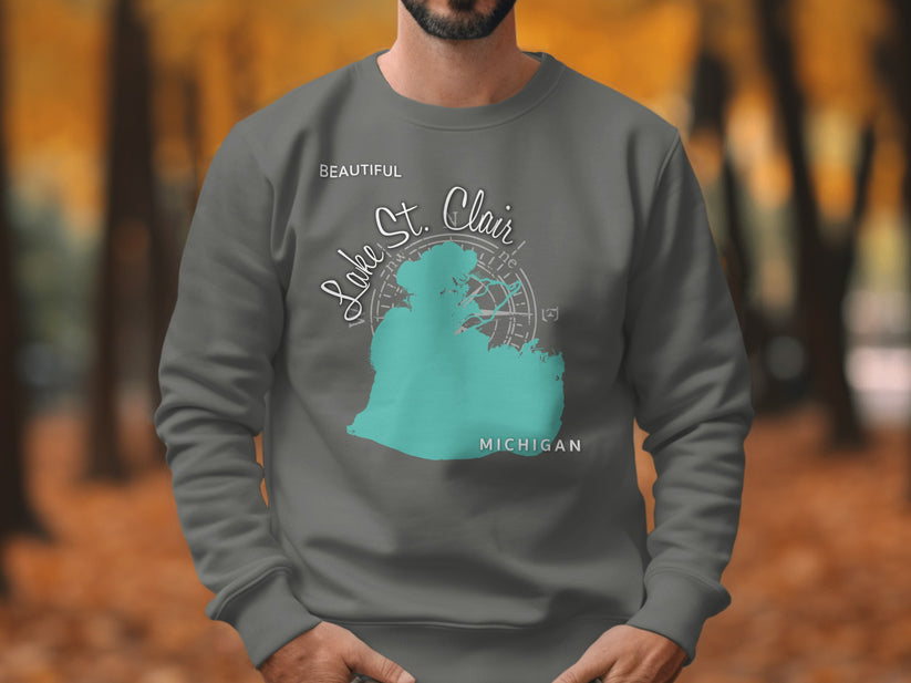 Gray sweatshirt with "Beautiful Lake St. Clair Michigan" text and map design.
