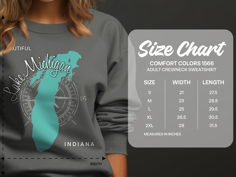 Comfort Colors sweatshirt size chart for adult crewneck, Michigan map graphic.