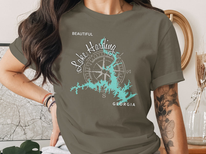 T-shirt with Lake Harding Georgia graphic and compass rose.