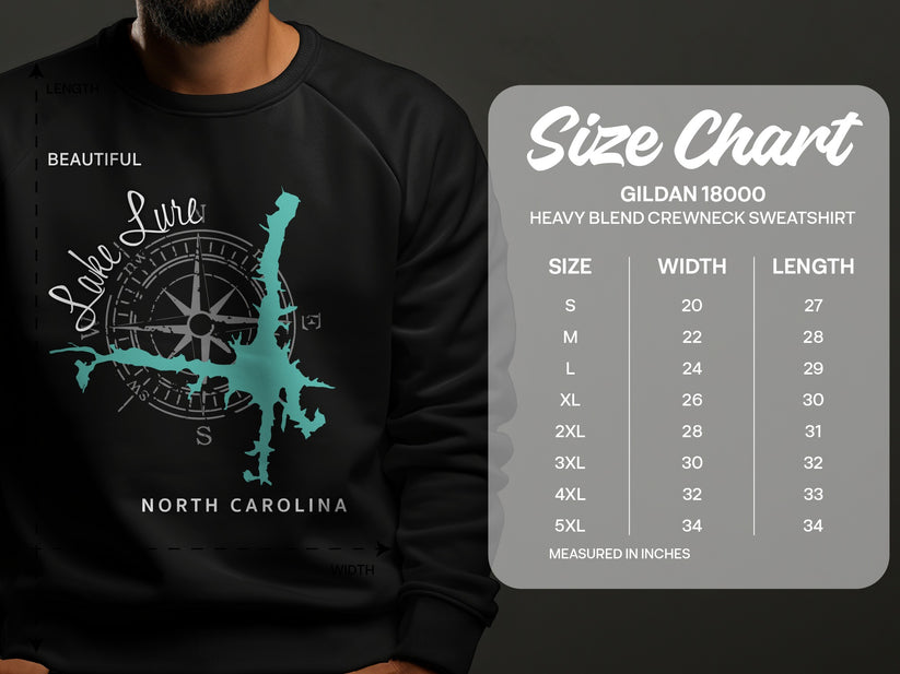 Lake Lure North Carolina graphic on Gildan sweatshirt size chart.