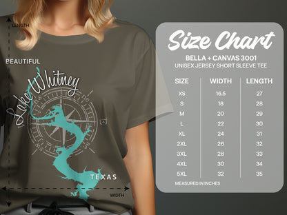 T-shirt size chart for Bella + Canvas 3001 unisex jersey short sleeve tee.