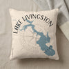 Cream pillow with blue Lake Livingston map and "TEXAS" text.