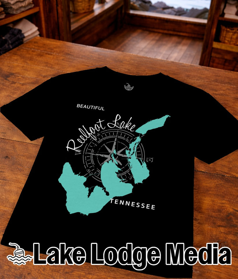 Black t-shirt with "Beautiful Reelfoot Lake Tennessee" and a turquoise lake outline.
