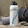 White water bottle with "GEORGE" text, compass, and blue lake graphic.
