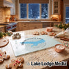 Tempered glass cutting board featuring a Harlan County Lake map design, displayed on a flour-dusted kitchen counter during winter.