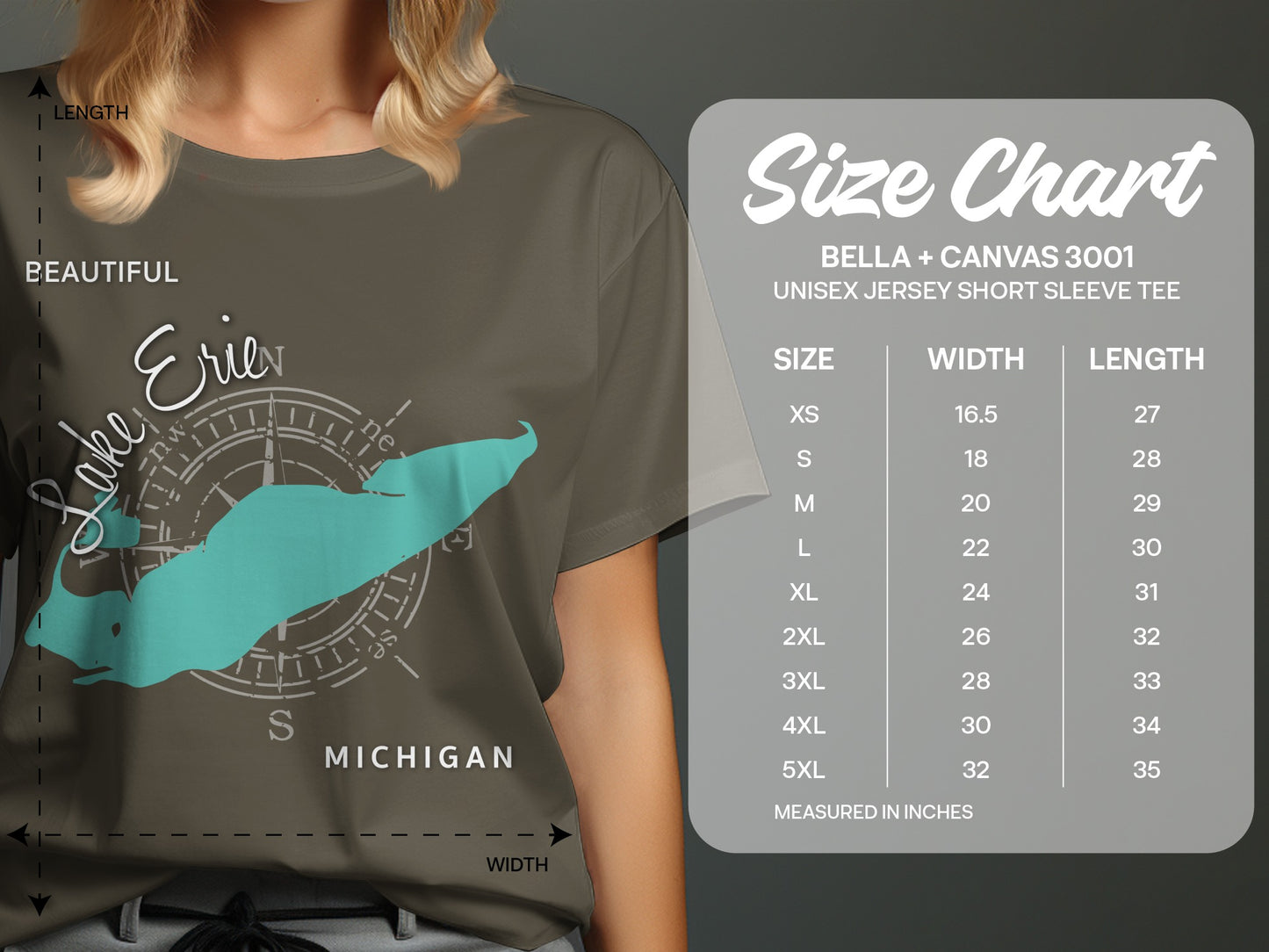 T-shirt size chart for Bella + Canvas 3001 unisex tee with Lake Erie graphic.