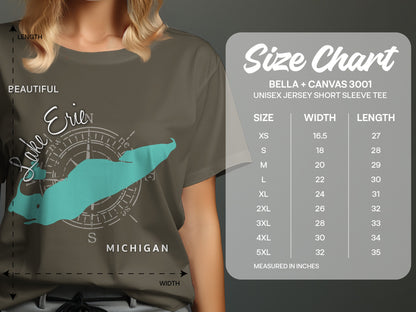 T-shirt size chart for Bella + Canvas 3001 unisex tee with Lake Erie graphic.