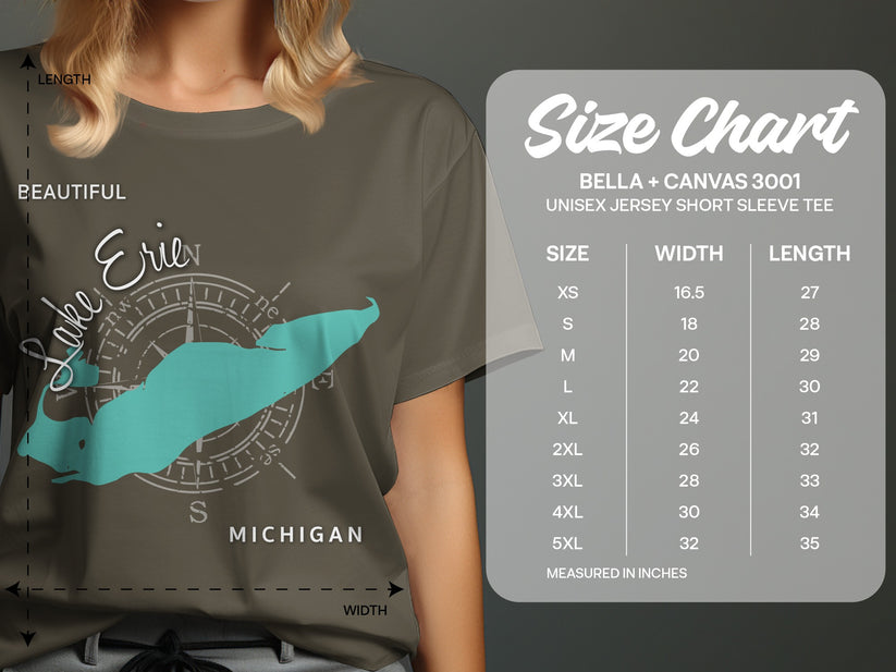 T-shirt size chart for Bella + Canvas 3001 unisex tee with Lake Erie graphic.