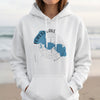 White hoodie with Forest Lake Minnesota map and compass design.