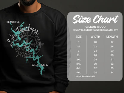 Black sweatshirt with Tuscaloosa map graphic and Gildan size chart.