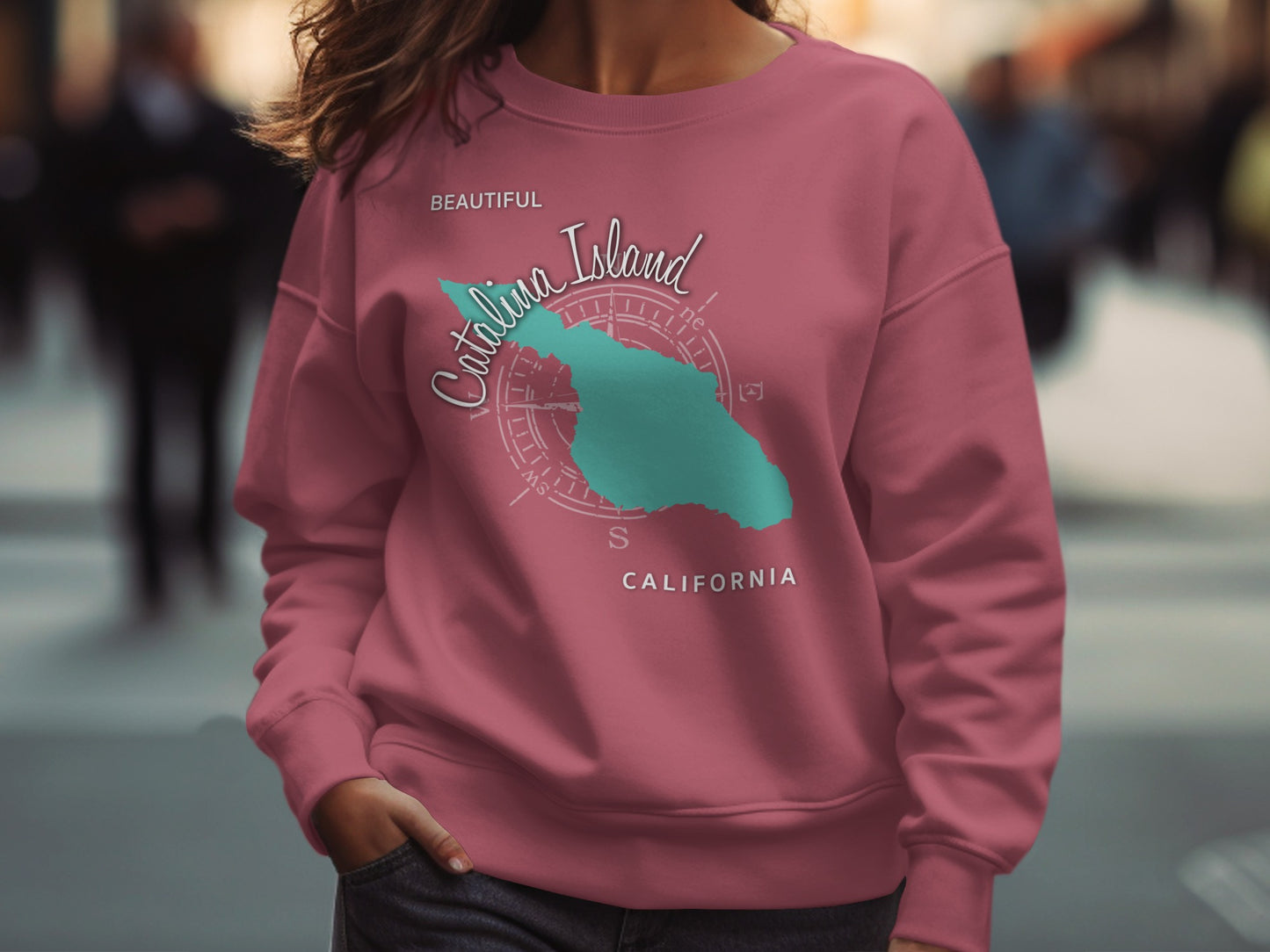 Crewneck sweatshirt with Catalina Island map graphic and compass rose.