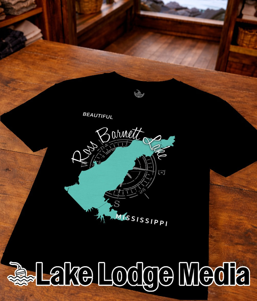 Black t-shirt with a teal map of Lake Ross Barnett and "Mississippi" text.