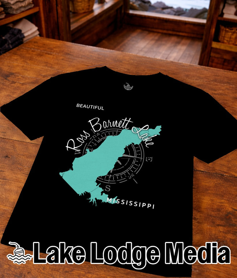 Black t-shirt with a teal map of Lake Ross Barnett and "Mississippi" text.