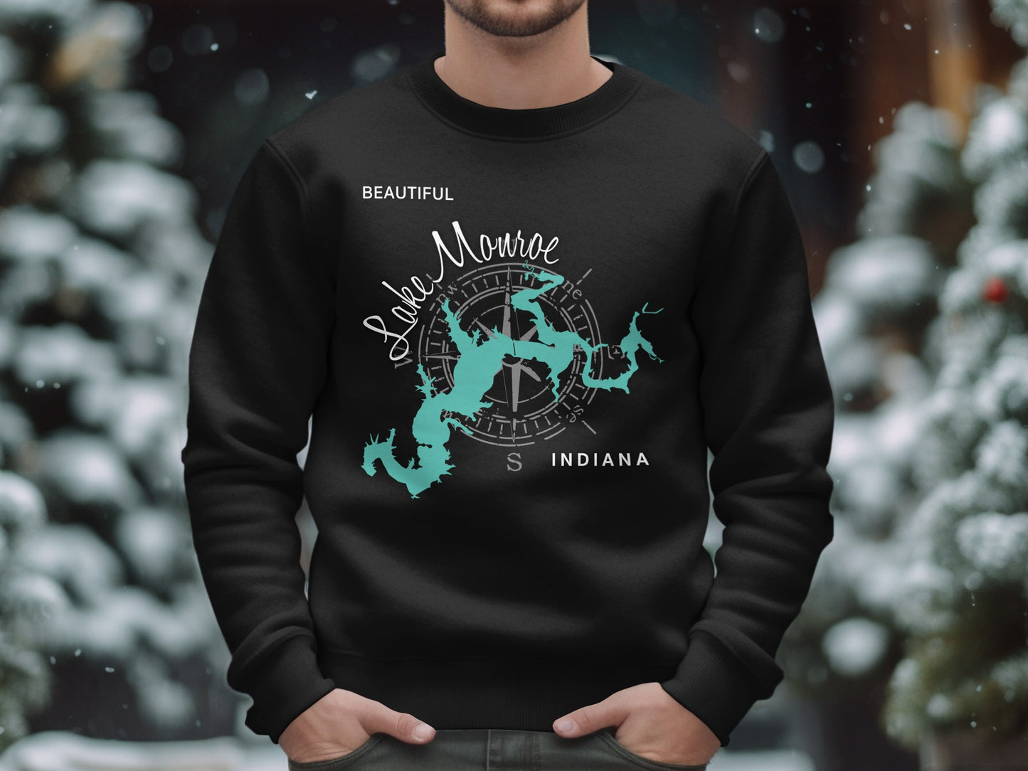 Black sweatshirt with a teal Lake Monroe Indiana map and compass graphic.