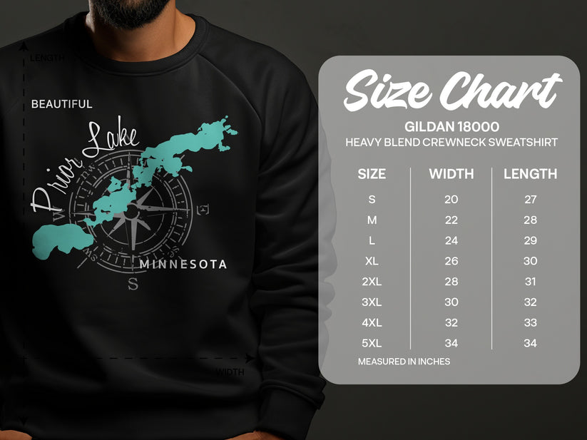 Crewneck sweatshirt size chart for Gildan 18000, showing measurements.