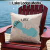 Pillow with Pearl Lake, Wisconsin map graphic and compass rose design.