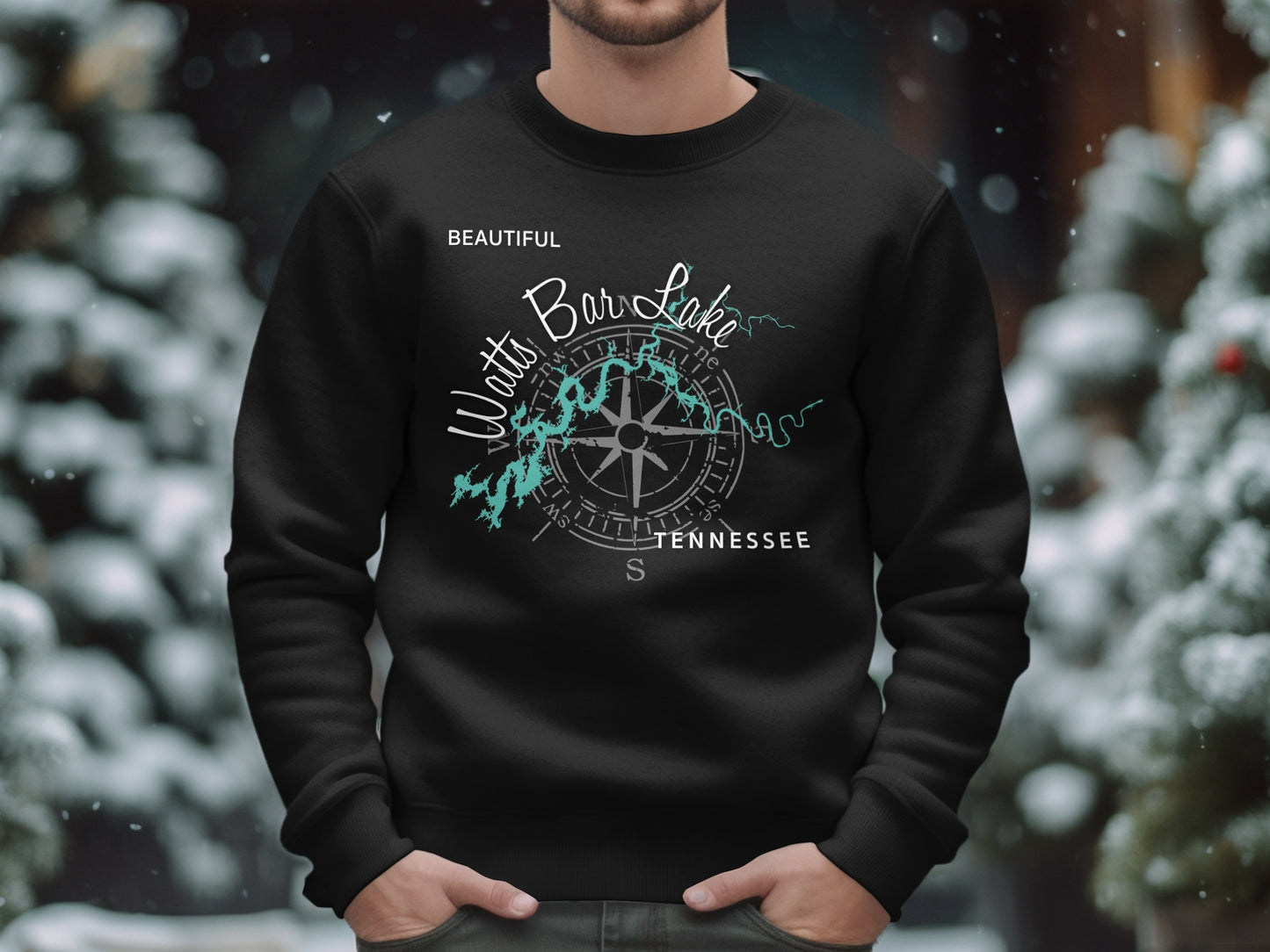 Black sweatshirt with Watts Bar Lake map and compass graphic, Tennessee.