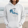 White hoodie with a blue Lake Granby Colorado map and compass graphic.