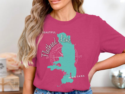 Pink t-shirt with teal Flathead Lake map and "Montana" text.