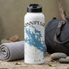 White water bottle with Winnipesaukee map graphic and "NEW H" text.