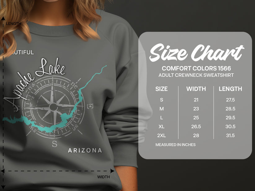Comfort Colors 1566 adult crewneck sweatshirt size chart with measurements.