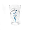 Clear glass pint glass with blue Lake Memphremagog map design and compass rose.
