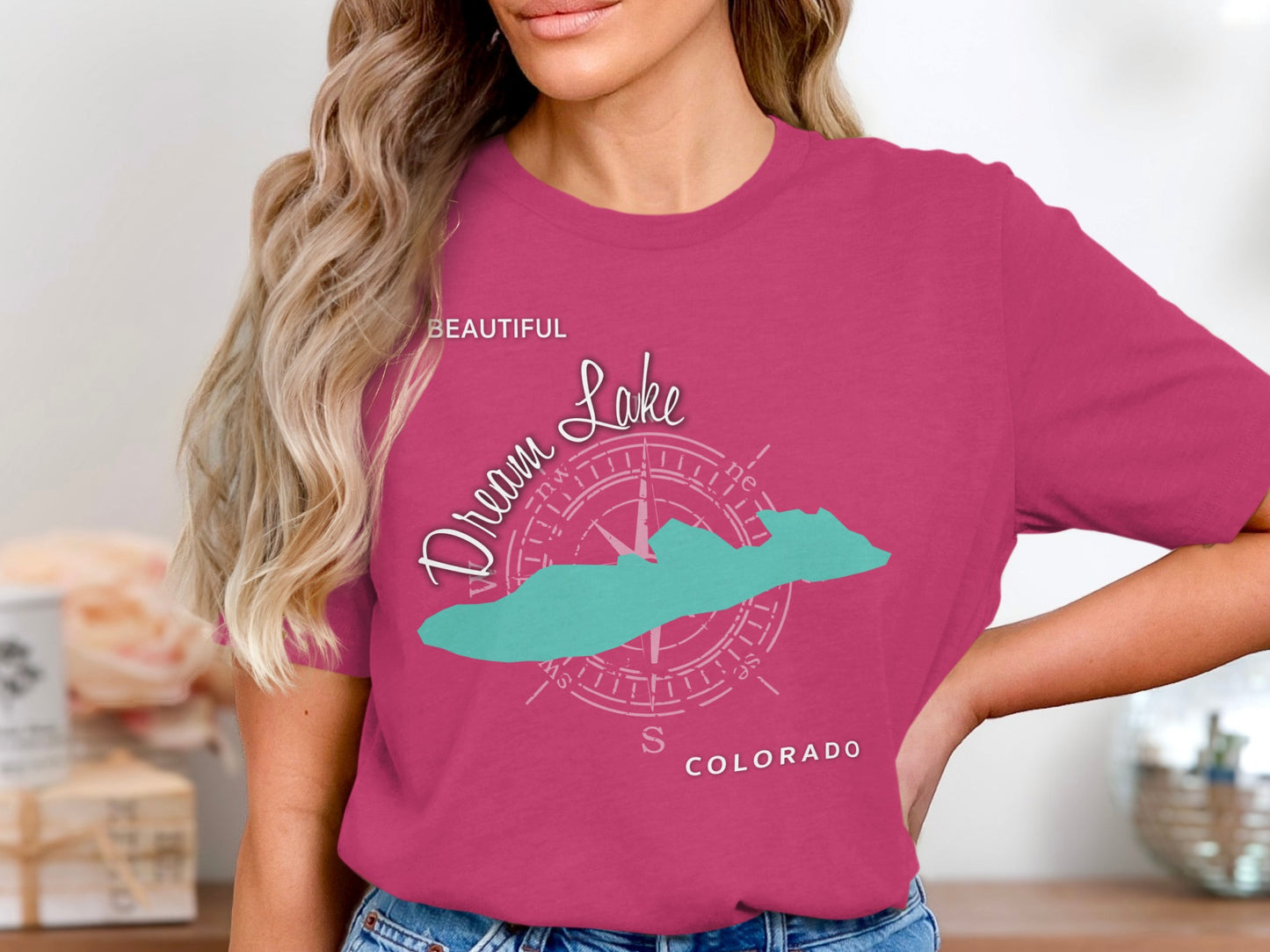 Pink t-shirt with Dream Lake compass design and "Colorado" text.