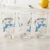Three clear glasses featuring a blue map of Lake Monroe, Indiana and compass rose.