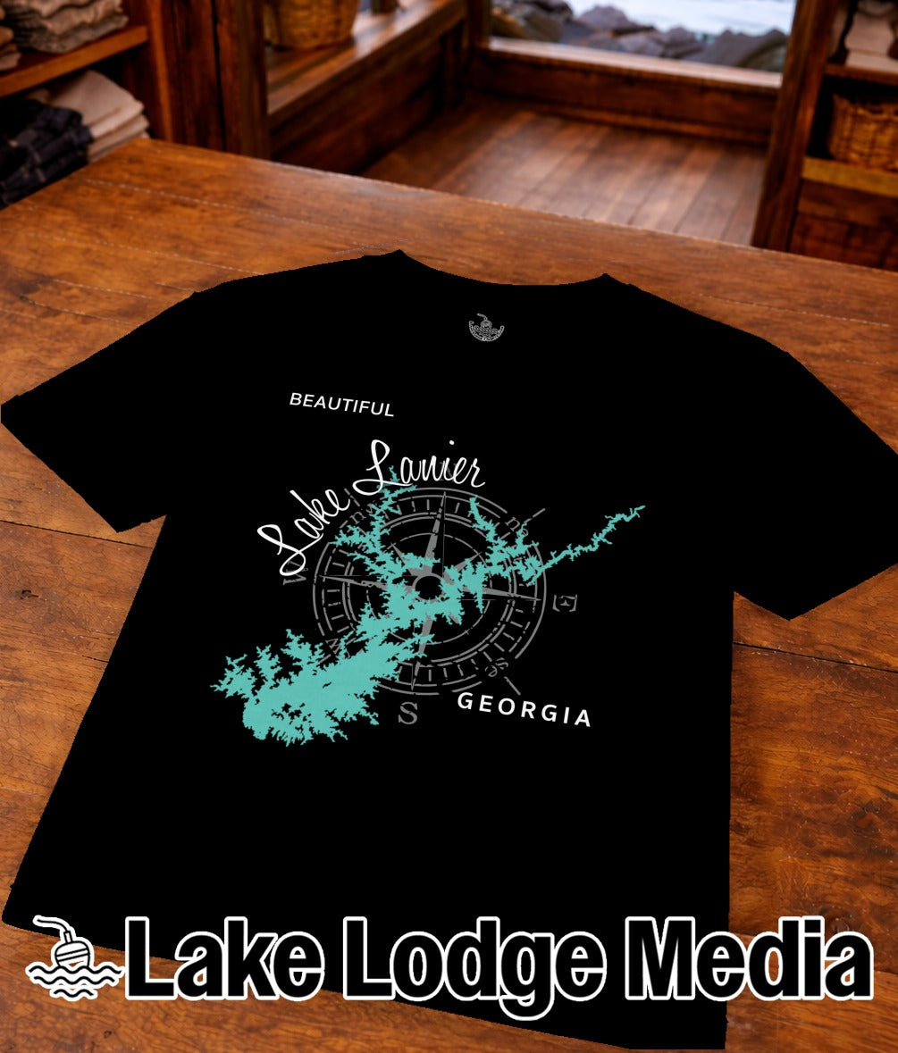 Black t-shirt with a compass and map of Lake Lanier, Georgia.