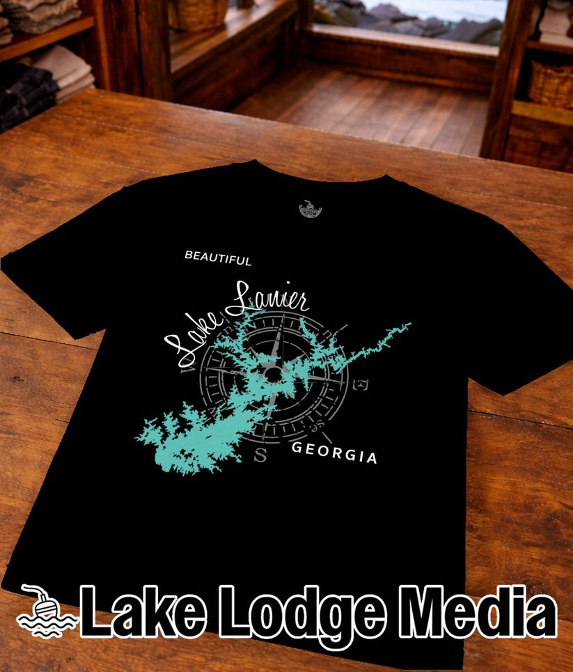 Black t-shirt with a compass and map of Lake Lanier, Georgia.
