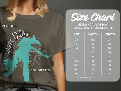 T-shirt with Lake Dillon Colorado map and size chart.