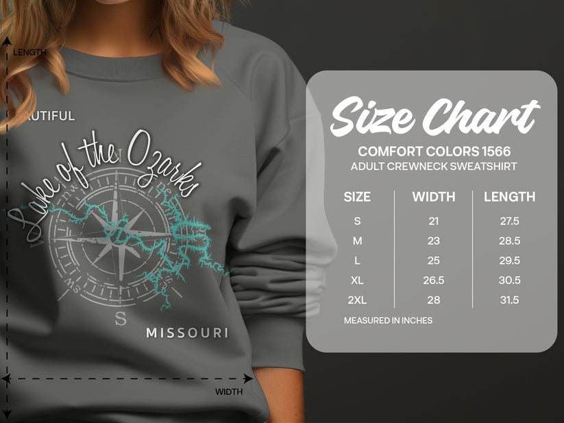 Lake of the Ozarks sweatshirt size chart with measurements for adult crewneck sweatshirts.