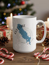 White mug with Gull Lake Michigan map and compass design.