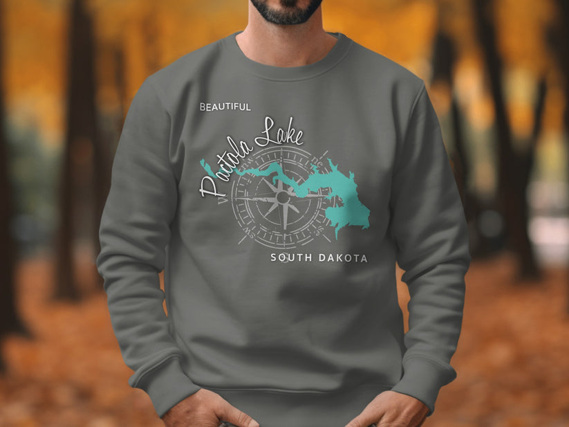 Grey sweatshirt with "Beautiful Pinhola Lake South Dakota" graphic.